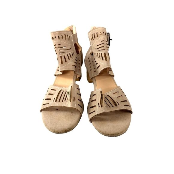 Boho Coastal Block Heel Sandals 42 10 Laser Cut Geo Ankle Cuff Neutral Western - Picture 4 of 15